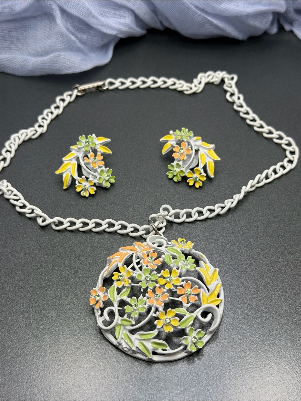Vintage Floral Enamel Pendant Necklace & Earrings Set #60set